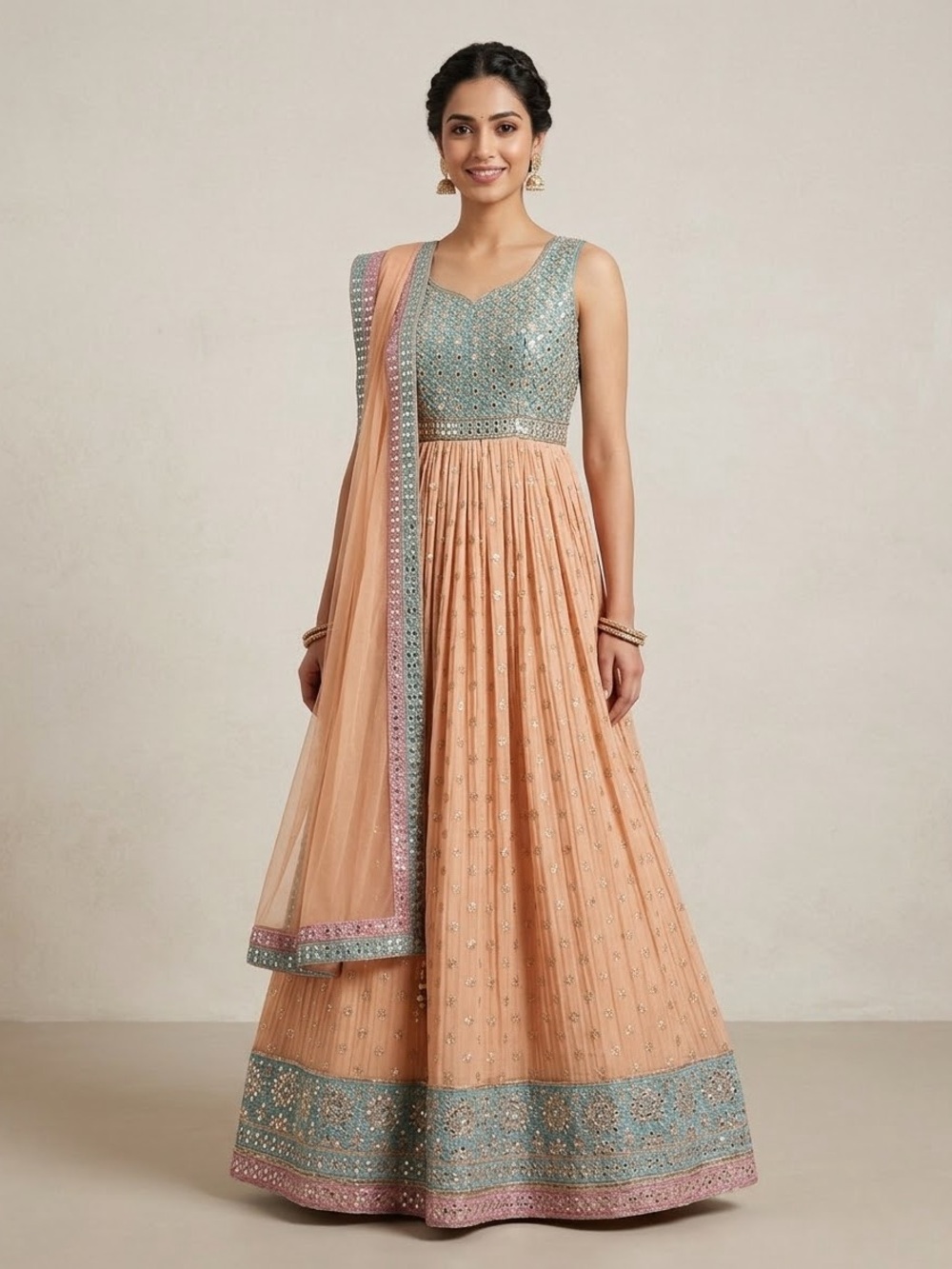 NEW Peach and Turquoise Sequin Mirrorwork Maxi Length Indian Gown Size Medium